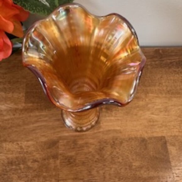Imperial Glass Ripple Swung Vase Marigold Carnival Vintage MCM Iridescent Fluted - Picture 4 of 4